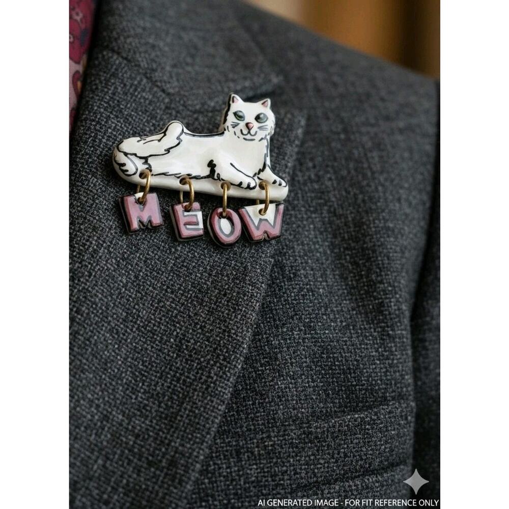 Carol Edlund Signed Vintage Ceramic White Cat Brooch MEOW Dangle Letter Art Pin